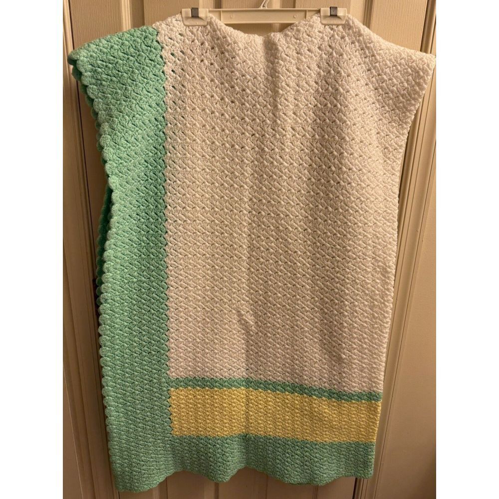 Handmade‎ Vintage Blanket Crochet Afghan White Green Yellow 100"x 64" Thick